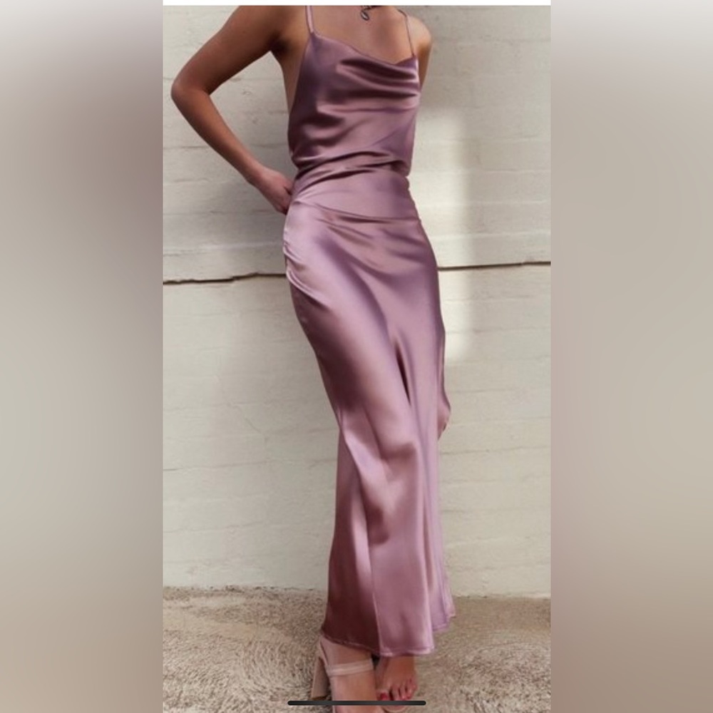 Rosebullet Mauve satin cow neck satin gown.